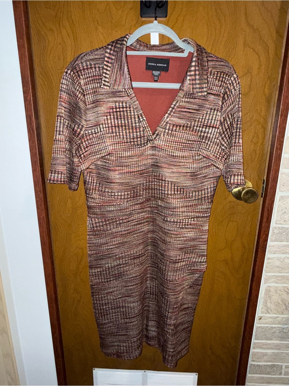 Donna Morgan Rust and Brown Plaid Knit Midi Dress